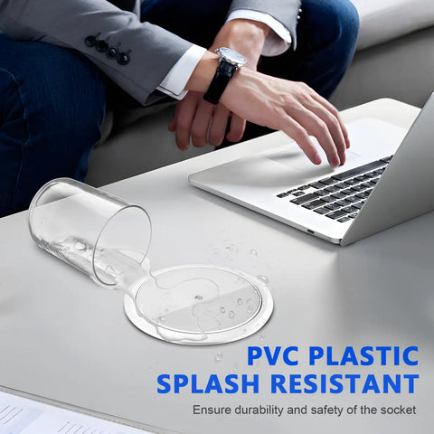 Splash Resistant Pop Up Countertop Outlet With 15W Wireless Charger And Dual USB Ports For Instant Plug And Play Setup Three Grounded Ac Outlets No Sweat Home Kitchen Upgrade White beside spilled water from a glass.
