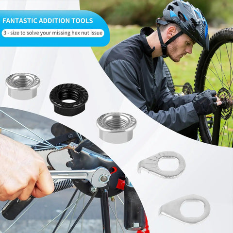 12 Piece Bicycle Axle Nut And Safety Washers Kit With Three Sizes M8 M9.5 M10 For Front And Rear Wheels in use on bike