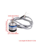 Incremental Rotary Encoder 600P/R, DC 5-24V Wide Voltage, 6mm Shaft, 194cm Cable, shown with dimensions and wire connectors