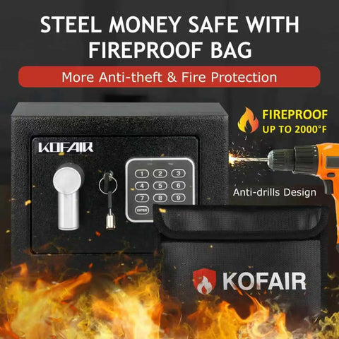 Compact Home Safe With Fireproof Bag Digital Keypad And Light 0.23 Cu Ft Mini Safe For Cash Jewelry Passports And Valuables Easy Key Access Security For Home Office Stash with anti-drill design and fireproof protection.
