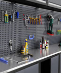 Heavy Duty Steel Tool Cabinet With Doors Rolling Lockable Storage Chest Featuring Pegboard Durable Garage And Warehouse Organization For Tools And Equipment, gray pegboard and work surface