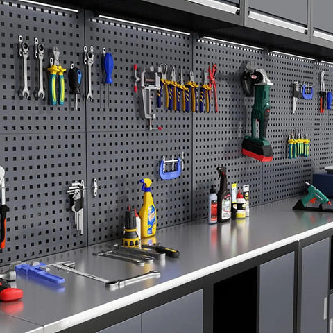 Heavy Duty Steel Tool Cabinet With Doors Rolling Lockable Storage Chest Featuring Pegboard Durable Garage And Warehouse Organization For Tools And Equipment, gray pegboard and work surface