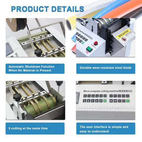 High Speed Automatic Electric Tube Cutter Cuts 3 Hoses Simultaneously Cold Cut Machine showing LCD display and cutting mechanism.
