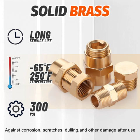 Front view of solid brass pipe fittings assortment kit (60 pcs) with reducers, hex nipples, end caps and plugs