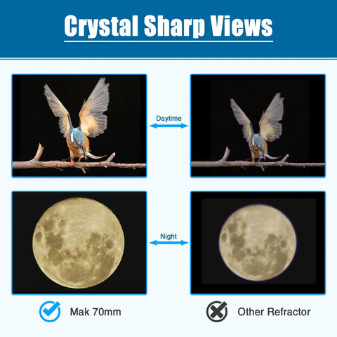 70mm Aperture Mak Cass Telescope For Beginners And Families Kid Friendly, 1000mm Focal Length, Crisp Glass Optics With Fully Multi Coated Coatings, Smooth Motion Gimbal Tripod For Easy Sky Watching And Epic Night Sky Adventures showing daytime bird and moon views