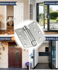 Heavy Duty 4 Inch Self Closing Door Hinges 3 Pack With Spring Action And One Quarter Inch Radius Corners For Interior Or Exterior Doors Gates And Heavy Doors No Fuss Left Or Right Hand Install Ideal For Residential And Commercial Use shown with various door types