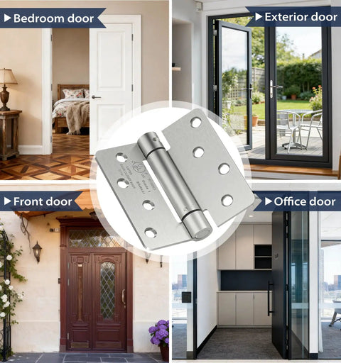 Heavy Duty 4 Inch Self Closing Door Hinges 3 Pack With Spring Action And One Quarter Inch Radius Corners For Interior Or Exterior Doors Gates And Heavy Doors No Fuss Left Or Right Hand Install Ideal For Residential And Commercial Use shown with various door types