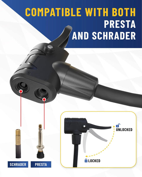 Dual Head Presta Schrader Air Chuck With Digital Tire Gauge And Inflator 3 To 200 PSI Precision One Percent 16 Inch Hose Valve Adapter