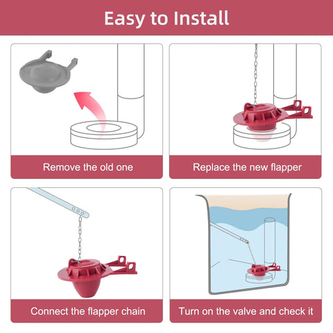 Installation guide for 2 Inch Universal Toilet Tank Flapper Replacement, 2 Pack with Durable Rubber Seal and Stainless Steel Chain.