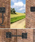 Two Piece Heavy Duty 4 1/2 Inch Sliding Barn Door Hardware Set With Slick Cast Copper Latch Hook And Eye Lock Rust Resistant For Straight Up Secure Wood Doors installed on rustic wood door.
