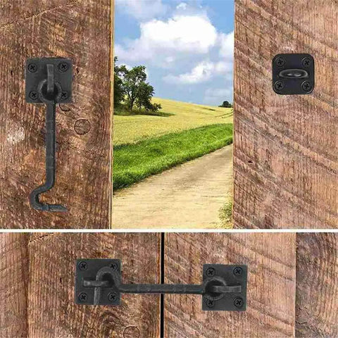 Two Piece Heavy Duty 4 1/2 Inch Sliding Barn Door Hardware Set With Slick Cast Copper Latch Hook And Eye Lock Rust Resistant For Straight Up Secure Wood Doors installed on rustic wood door.