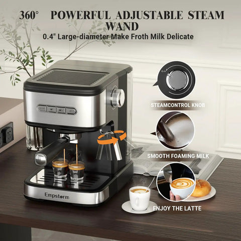 Top Shelf 20 Bar Espresso Machine With Integrated Milk Frother And Steam Wand Heavy Duty 1100 Watt Stainless Steel Coffee Maker with frothing wand.