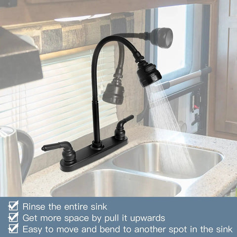 Heavy Duty Rv Kitchen Faucet Built Tight For Campers And Vans Smooth Turning 360 Head with pull-down spray in sink.