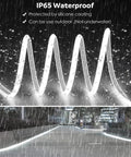Outdoor Waterproof COB LED Strip Lights 65.6 Ft 6000K Cool White 288 LEDs Per Meter AC 100 To 120V Dimmable With Remote showing IP65 waterproof silicone coating in rain
