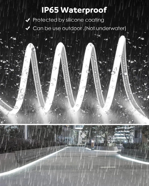 Outdoor Waterproof COB LED Strip Lights 65.6 Ft 6000K Cool White 288 LEDs Per Meter AC 100 To 120V Dimmable With Remote showing IP65 waterproof silicone coating in rain