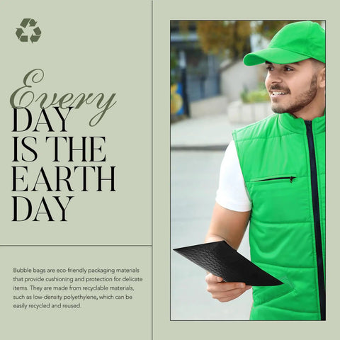 Man holding a black bubble mailer wearing a green vest and cap next to 'Every Day is Earth Day' text.