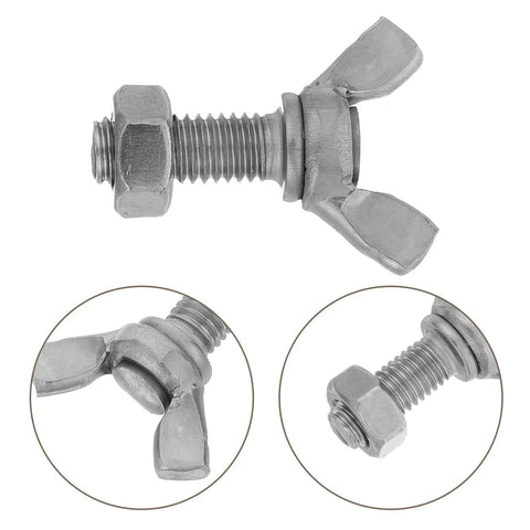 Six Set Stainless Steel M8 Wing Bolts With Hex Nuts For Easy DIY Install On Display Racks, Machine Panels And Furniture, Durable Butterfly Screws For One Hand Tightening And Strong Secure Clamps. M8 stainless steel wing bolt with hex nut shown in close-up