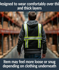 Men's Black Hi Vis Safety Vest With Six Spacious Utility Pockets And Cooling Mesh Back, Bold Reflective Stripes For Reliable Job Site Visibility, Lightweight Polyester Build That Honestly Lets You Stay Cool Under Pressure, worn over layers.