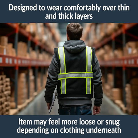 Men's Black Hi Vis Safety Vest With Six Spacious Utility Pockets And Cooling Mesh Back, Bold Reflective Stripes For Reliable Job Site Visibility, Lightweight Polyester Build That Honestly Lets You Stay Cool Under Pressure, worn over layers.