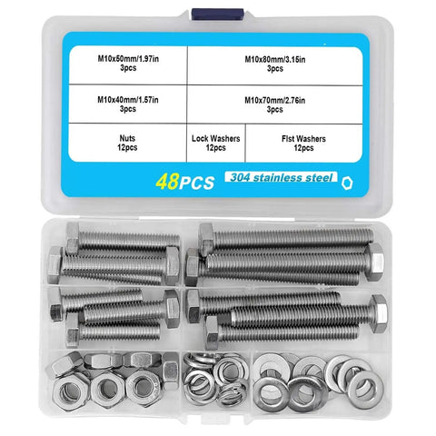 Heavy Duty Screw Kit Set 48 Piece With Bolts Nuts And Flat Washers For DIY Electrical Projects Built To Last M10 Size Hardware Pack For Quick Secure Fastening And Home Repairs, 304 stainless steel case with M10 bolts, nuts and washers