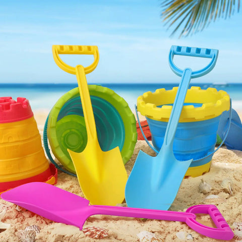 Heavy Duty 16 Inch Beach Shovel Set Of 3 For Kids And Adults, rugged plastic sand diggers in pink, yellow, and blue on sandy beach
