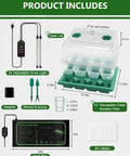 Diagram of 12 Cell Seed Starter Kit With Grow Light And Graphene Heating Mat For Faster Germination, showing components and measurements.