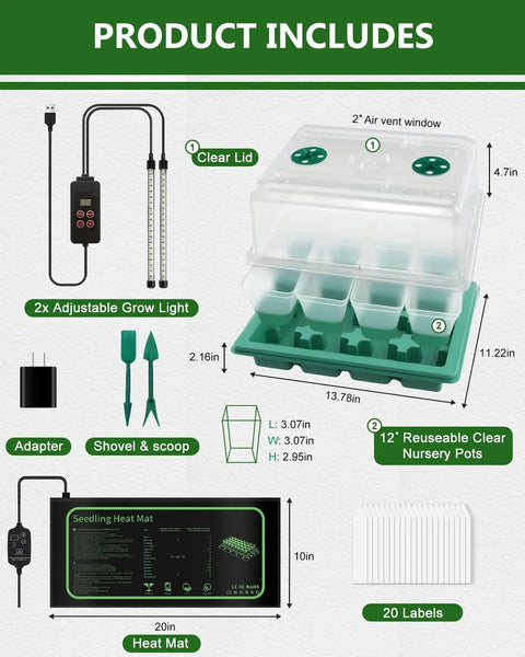 Diagram of 12 Cell Seed Starter Kit With Grow Light And Graphene Heating Mat For Faster Germination, showing components and measurements.