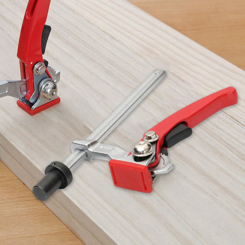 Rugged Woodworking Clamp For Workbench Dog Hole And Versatile Table Vise with red handles on wooden surface, 16mm size