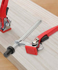 Adjustable Ratchet Workbench Clamp For Woodworking, Quick Acting Desktop Hold Down Fixture on wooden board