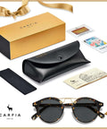 Double Bridge Round Polarized Sunglasses For Men With UV Protection Retro Tortoise Eyewear Nickel Free Metal Brow Design Classic Dope Sunnies For Everyday Wear And All Day Comfort displayed with a black leather case and accessories.