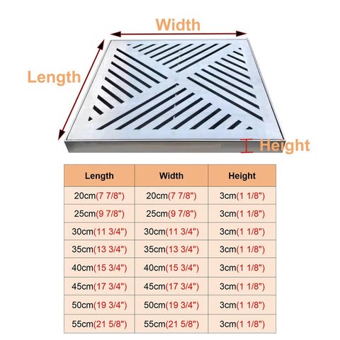 Heavy Duty Square Stainless Steel Drain Grate With Fast Draining Strainer Mesh Catch Basin Filter Rock Solid Patio Yard Bathroom Outdoor Grid Smooth Water Runoff Approx Twenty One Inches Wide showing size dimensions and drainage holes.