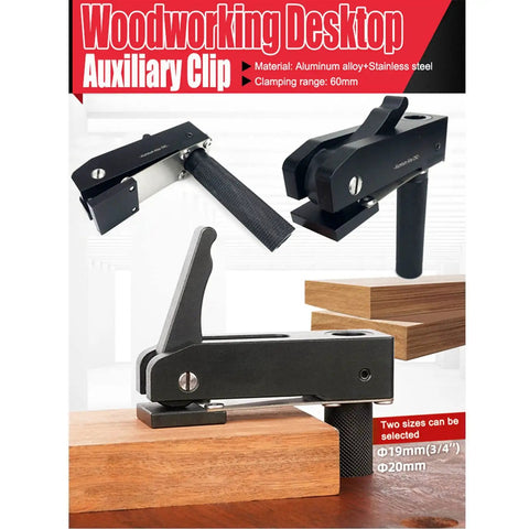 Desktop Quick Acting Holdfast Clamp Woodworking Bench Station With Hella Strong Grip Three Gear Locking System Router Hold Down Clip Solid Heavy Duty Build 20mm on wooden boards with aluminum alloy design.