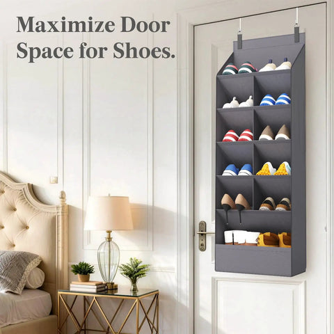 Six Tier Over The Door Shoe Organizer With Deep Fabric Pockets Keeps Your Kicks Neat Holds Up To 12 Pairs Of Sneakers And Boots For Bedroom Closet Or Dorm Room Organization In Gray hanging on a door with assorted shoes visible.