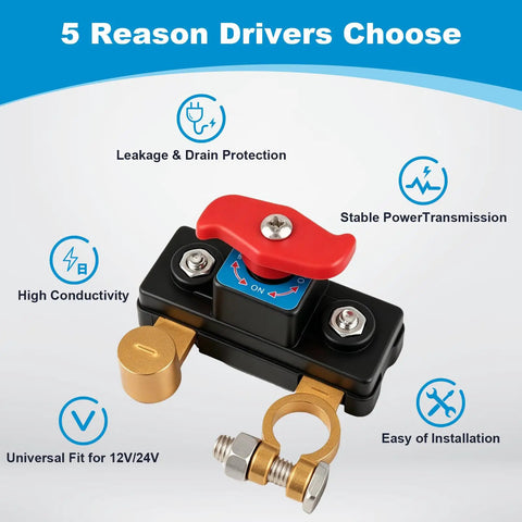 Two Pack 12V 24V Battery Disconnect Switch With Pure Copper Contacts, 360 Degree Rotary Cut Off shown with features