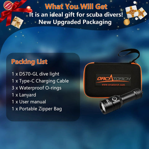 Image showing packaging of Two In One Scuba Diving Light With 1500 Lumen White Beam And Green Signal For Night Dives, Rechargeable Underwater Flashlight.