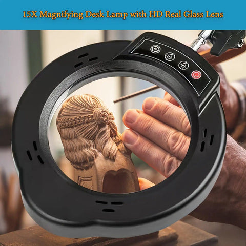 "Dope 15X Magnifying Glass Desk Lamp With Metal Base 360 Degree Rotatable Aluminum Arms Five Color Modes And Ten Brightness Levels Eye Caring Light For Reading Crafting Close Work And Detailed Tasks" showing magnification of carving