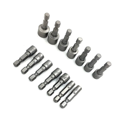 14-Piece Quick Change Nut Driver Bit Set With Steel Metric Socket Wrench, Quarter Inch Hex Shank, Includes Drill Bits