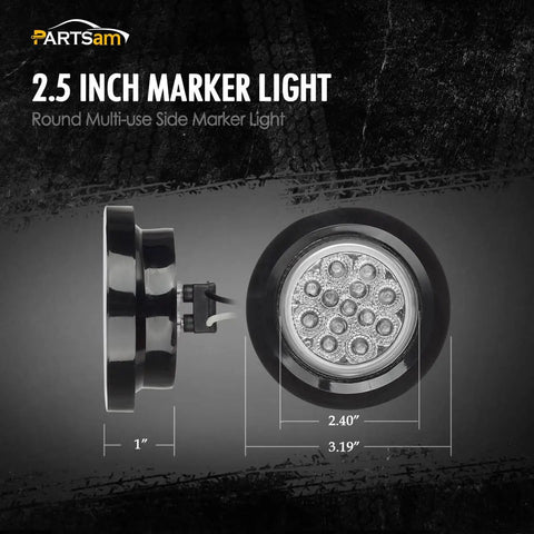 2 Pack 2.5 Inch Round Amber 13 LED Side Marker Clearance Lights With Grommet And Wire Pigtail For Truck Trailer RV Clear Lens 12V Waterproof Durable Replacement, side and front view showing dimensions with text overlay