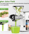 GVODE Electric Cold Press Juicer Masticating With Dual Feed Chute 700W Powerful Motor Ultra Quiet Design Anti Stuck Protection showing juice extraction and pulp.