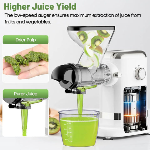 GVODE Electric Cold Press Juicer Masticating With Dual Feed Chute 700W Powerful Motor Ultra Quiet Design Anti Stuck Protection showing juice extraction and pulp.
