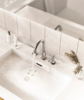 Sleek Chrome Widespread 8 Inch 3-Hole 2-Handle Bathroom Faucet With Valve And Metal Pop-Up Drain Assembly Lead-Free Easy Install WF017-4-C