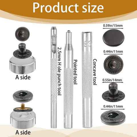 12 Set 15mm Metal Snap Button Kit With 4 Install Tools For Leather Jackets Bags Fabric Jeans And DIY Sewing Black Pro Grade Sturdy Snaps display showcasing tools and button sizes.