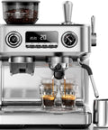 Professional Dual Boiler Espresso Machine With Integrated Grinder And Auto Milk Steamer Delivering Real Deal 20 Bar Pressure For Your Ultimate Daily Grind Setup with glass cups of espresso.
