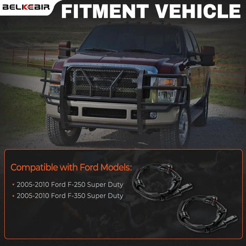 Front Abs Wheel Speed Sensor Pair For 2005 To 2010 Ford F250 And F350 Super Duty Trucks displayed on a Ford vehicle.
