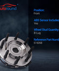 Heavy Duty 4x4 Front Wheel Bearing And Hub Assembly For Chevy Silverado Avalanche GMC Sierra 1500 2500 3500 1500HD 2500HD Yukon XL 2500 Hummer H2 8 Lug With ABS 2 Pack, front view of 8-lug hub and ABS sensor visible