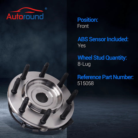 Heavy Duty 4x4 Front Wheel Bearing And Hub Assembly For Chevy Silverado Avalanche GMC Sierra 1500 2500 3500 1500HD 2500HD Yukon XL 2500 Hummer H2 8 Lug With ABS 2 Pack, front view of 8-lug hub and ABS sensor visible