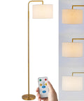 Gold cordless battery powered floor lamp with remote control, dimmable arc standing lamp, 90-degree adjustable head, 3 color temperatures.