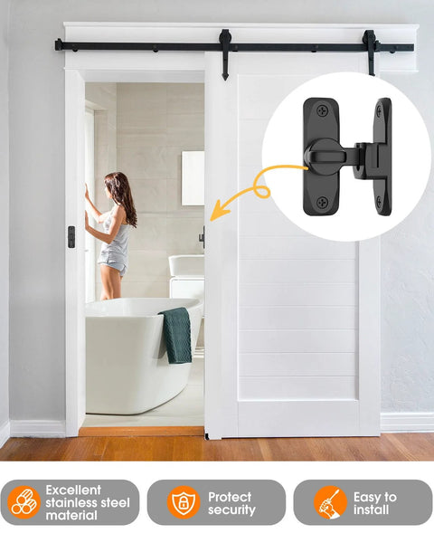 90 To 180 Degree Barn Door Lock Set Black installed on white sliding bathroom door.