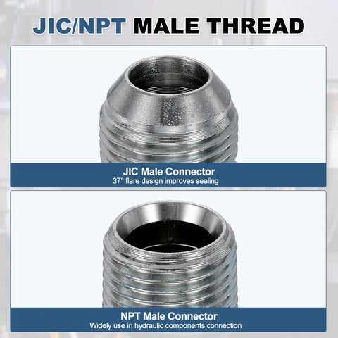 Heavy Duty Hydraulic Hose Adapter Fittings 7/8 x 14 UNF JIC 37° Flare Male To 1/2 x 14 NPT Male, Carbon Steel Straight Connector Dash Size 10, 2 Pack close-up