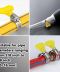 stainless steel adjustable hose clamps securing various hoses with yellow handles, suitable for 10 to 16 millimeter pipes